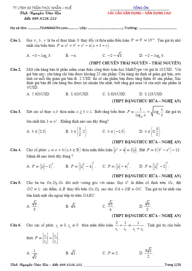 Tuyển chọn 152 bài toán vận dụng cao trong các đề thi thử – Nguyễn Văn Rin
