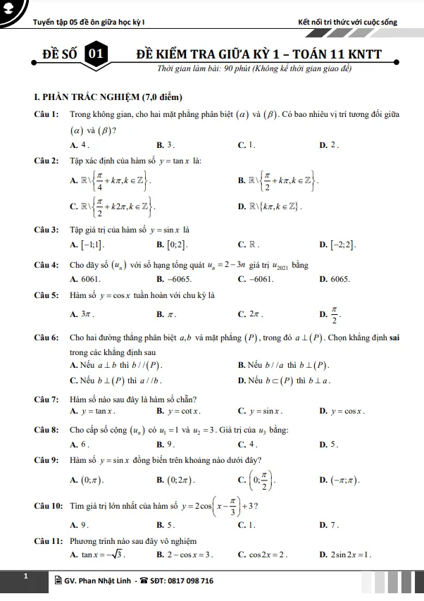 Tuyển tập 05 đề ôn thi giữa học kỳ 1 Toán 11 KNTTvCS có đáp án và lời giải