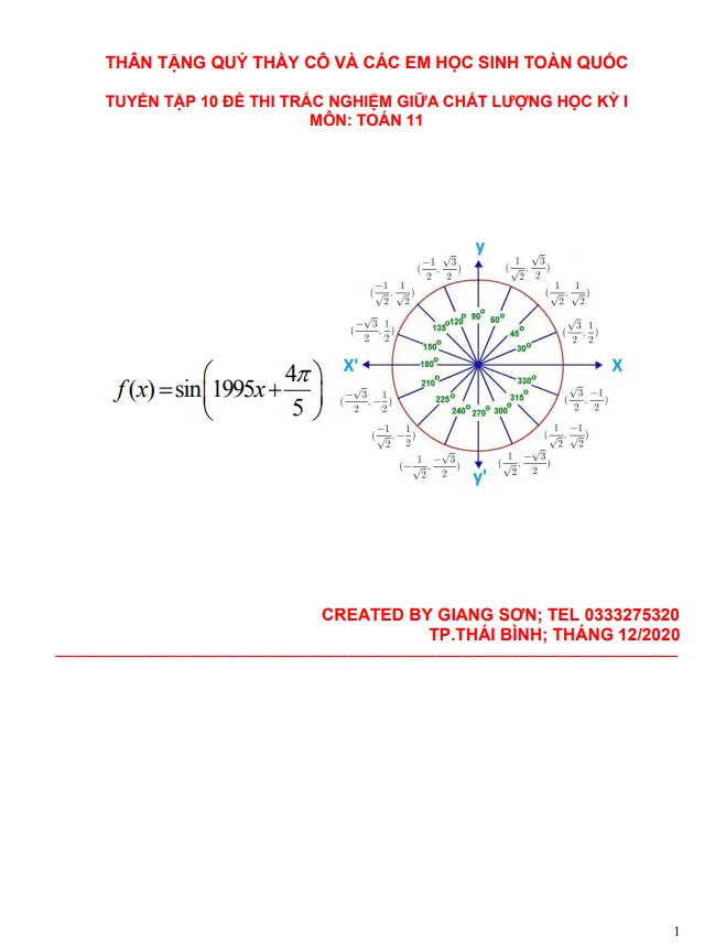 Tuyển tập 10 đề thi trắc nghiệm chất lượng giữa học kỳ I môn Toán 11