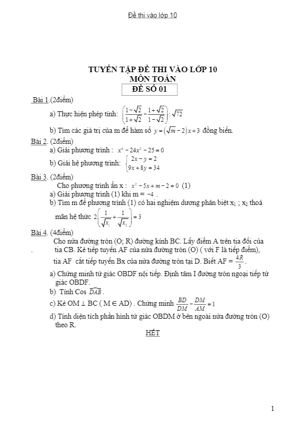 Tuyển tập 21 đề thi thử tuyển sinh vào lớp 10 năm 2017 môn Toán