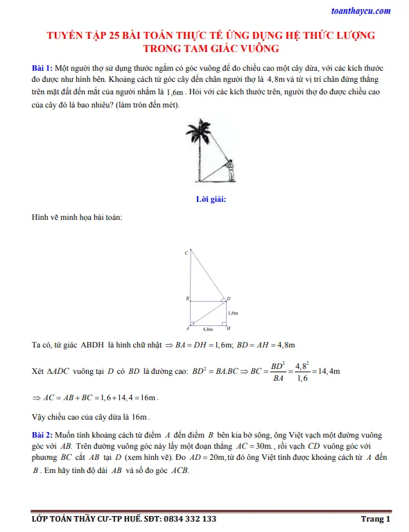 Tuyển tập 25 bài toán thực tế ứng dụng hệ thức lượng trong tam giác vuông