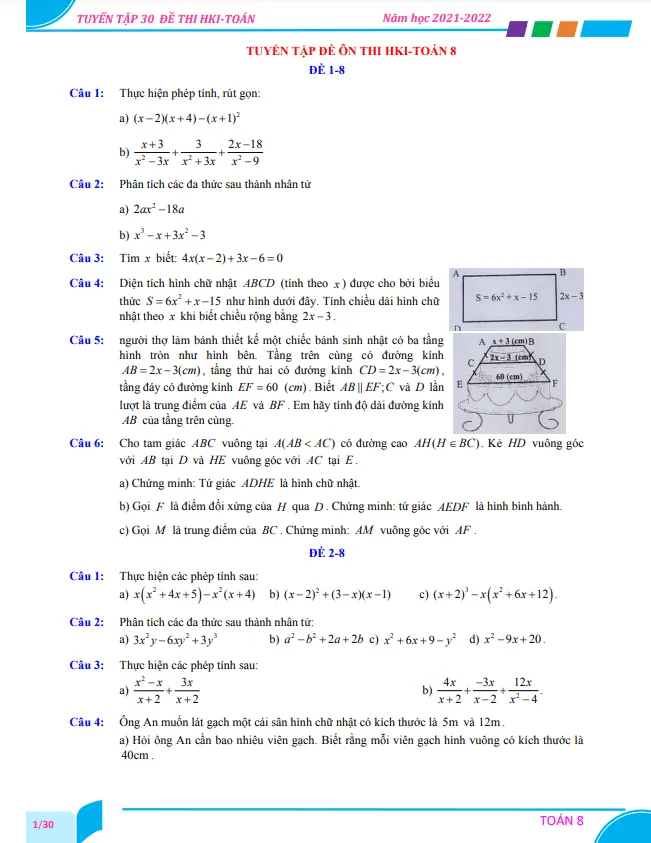 Tuyển tập 30 đề ôn thi cuối học kì 1 môn Toán 8