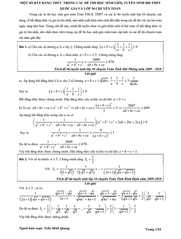 Tuyển tập 300 bài toán bất đẳng thức chọn lọc có lời giải chi tiết