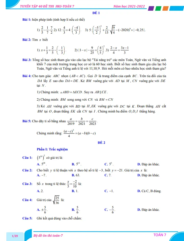 Tuyển tập 40 đề ôn thi cuối học kì 1 môn Toán 7