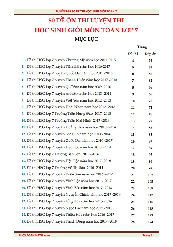 Tuyển tập 50 đề ôn thi chọn học sinh giỏi môn Toán lớp 7 có lời giải