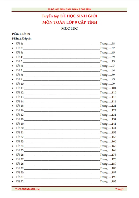 Tuyển tập 50 đề thi học sinh giỏi Toán 9 cấp tỉnh / thành phố có lời giải