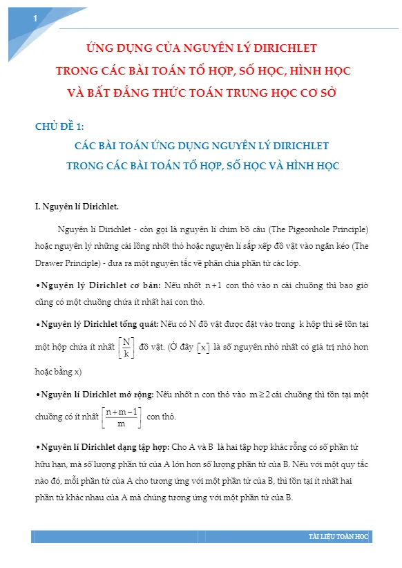 Ứng dụng của nguyên lý Dirichlet trong giải toán THCS