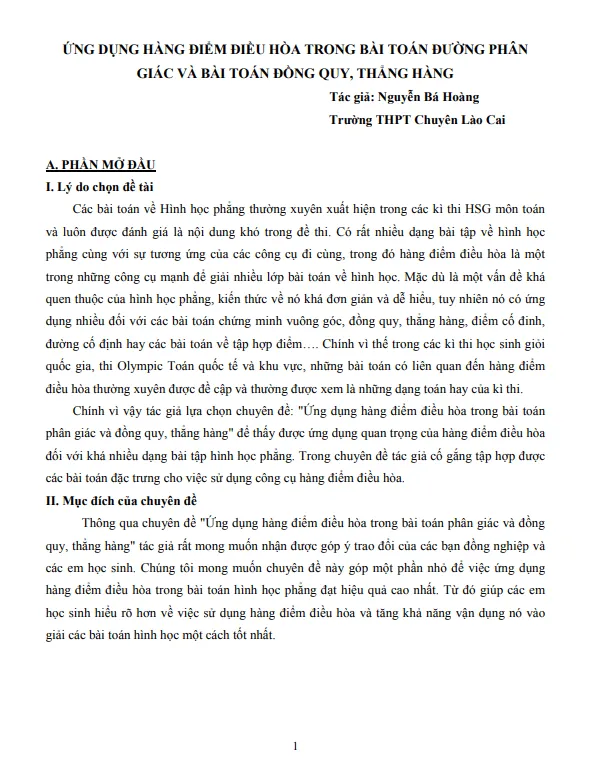 Ứng dụng hàng điểm điều hòa trong bài toán đường phân giác và bài toán đồng quy, thẳng hàng