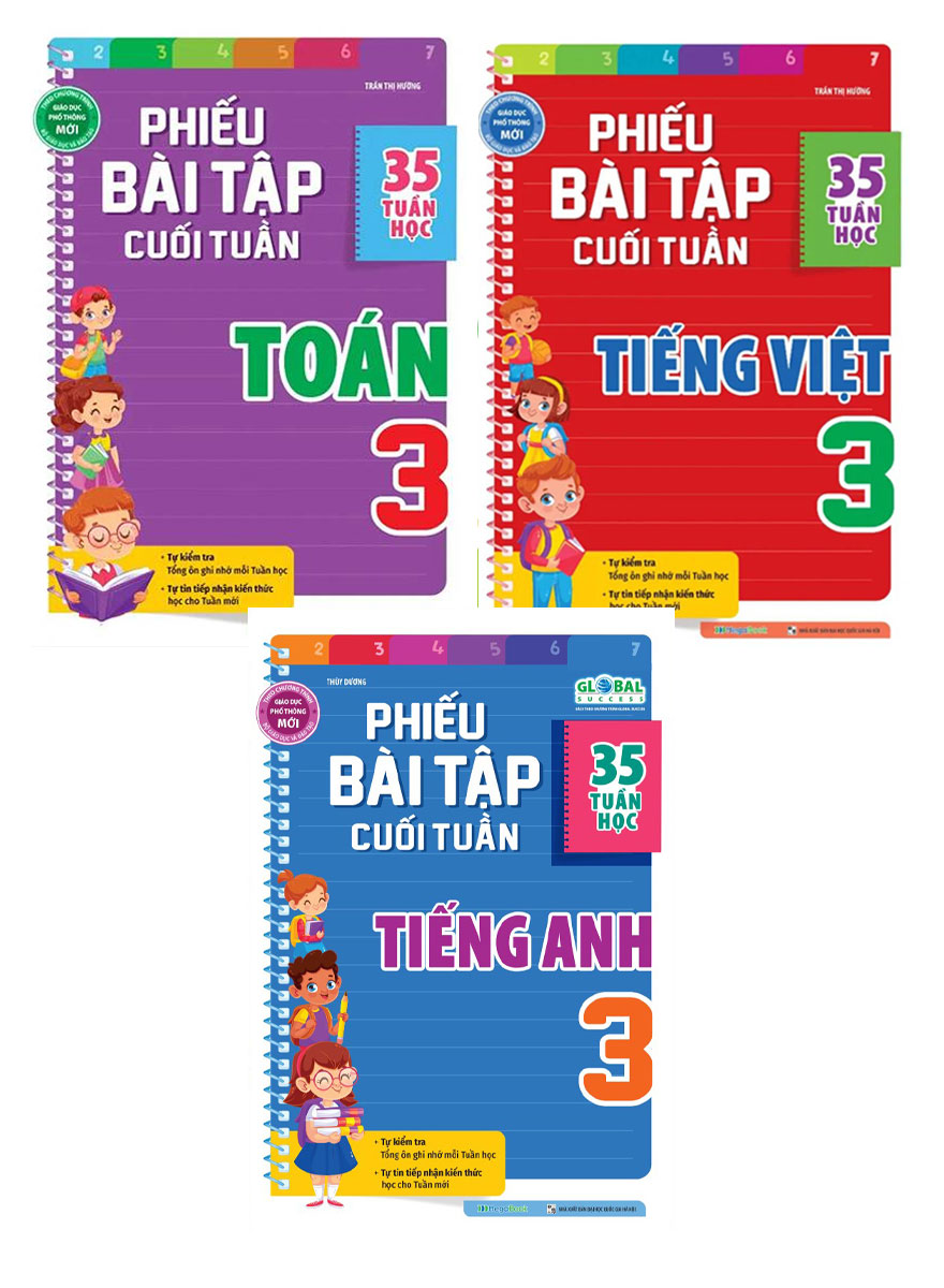 Combo Phiếu Bài Tập Cuối Tuần Toán + Tiếng Việt + Tiếng Anh Lớp 3 (35 Tuần Học) (Bộ 3 Cuốn)